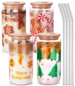 Serenity Glass Can with Bamboo Lid and Glass Straw Christmas